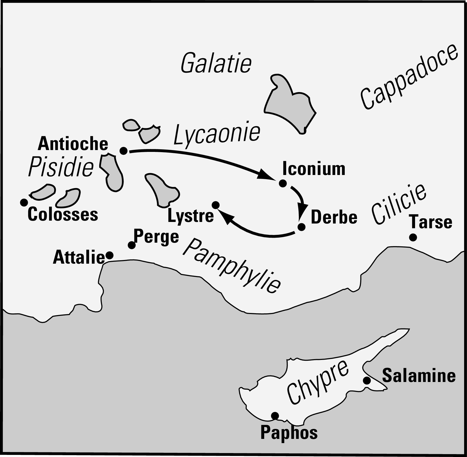 Carte du voyage de Paul d’Antioche à Iconium, Derbe et Lystre