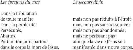 Parallèle entre les épreuves endurées dans son corps et les ressources divines qui permettent de les supporter