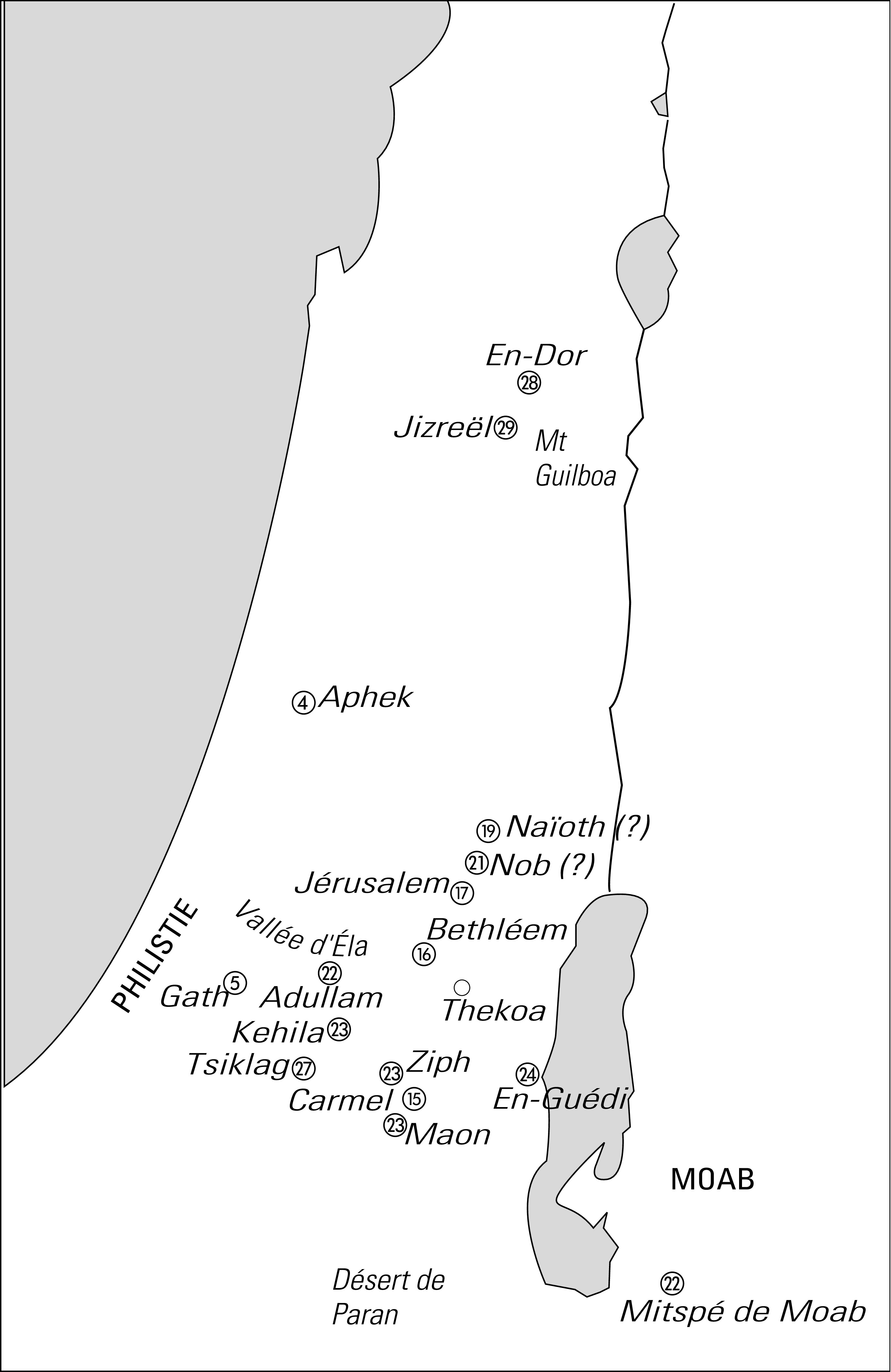 Carte de quelques-uns des lieux cités dans la vie de David